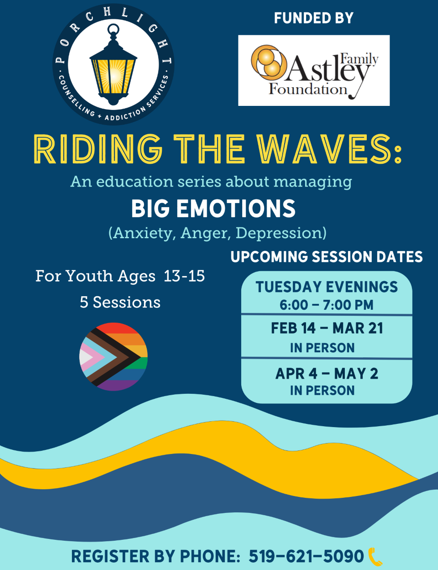 For youth ages 13-15, 5 sessions Tuesday evenings 6-7. Dealing with anxiety, anger and depression. Register by phone: 519-621-5090